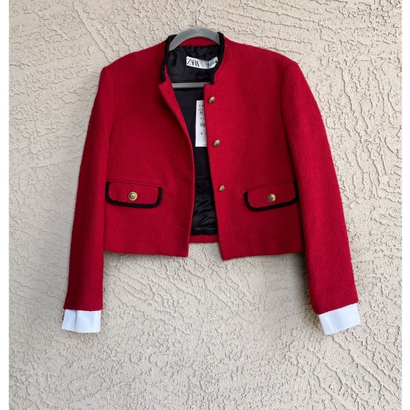 ZARA Red Boucle Textured Blazer Jacket w/ Detachable White Cuffs NWT *Flawed - Picture 3 of 16